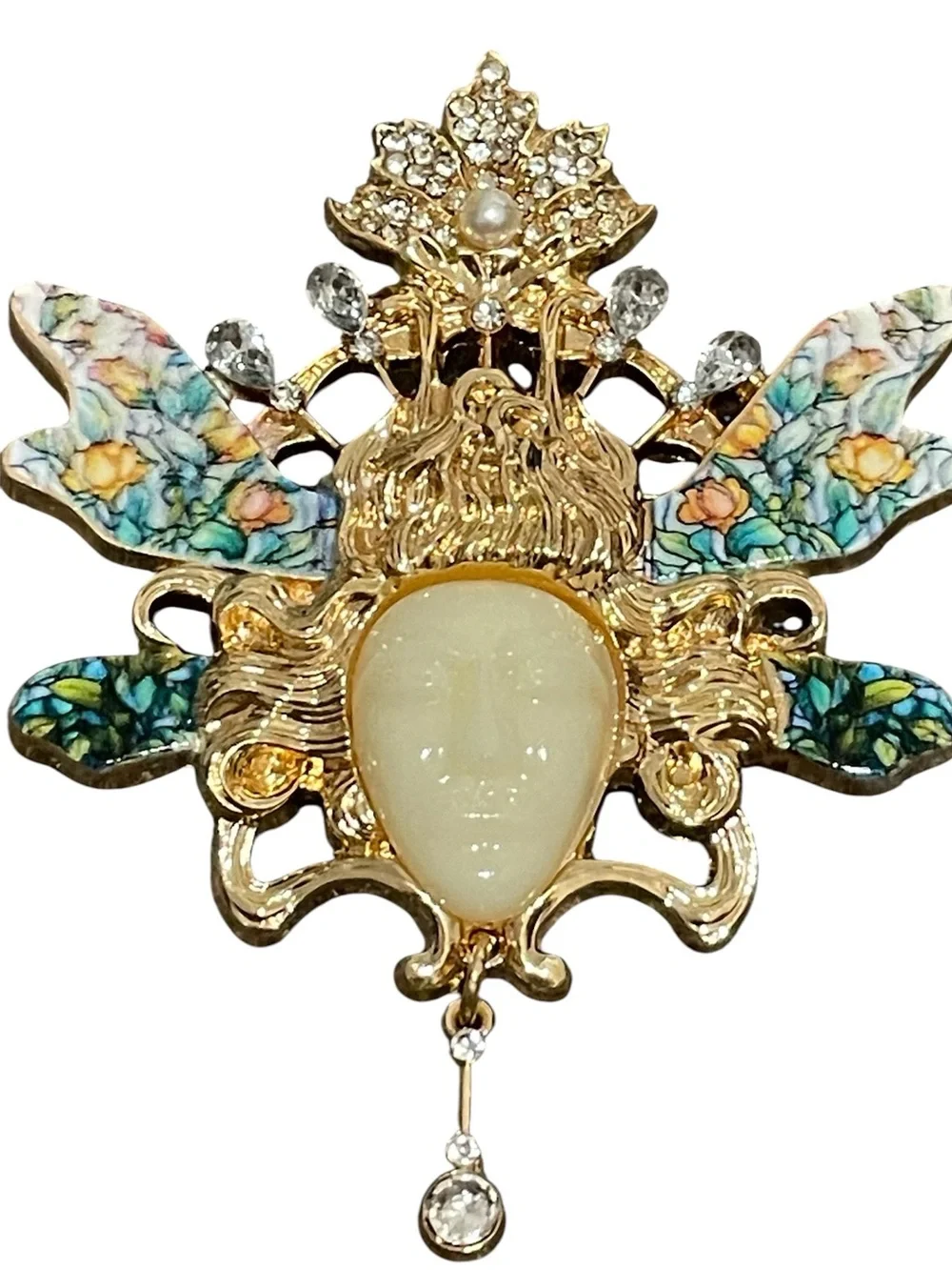 Whimsical Face Brooch with Floral Enamel Wings